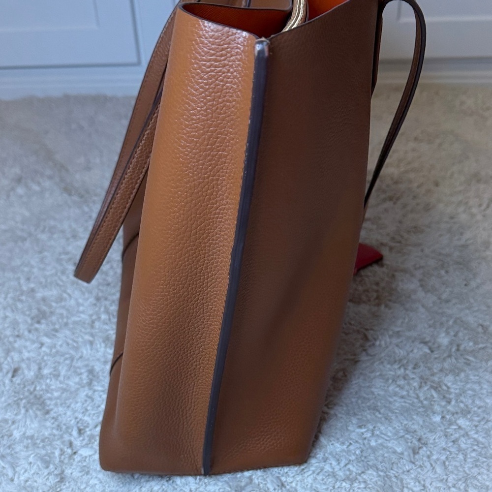 Tory Burch Perry Triple Compartment Tan Leather Tote with Red Accent - Picture 3 of 16